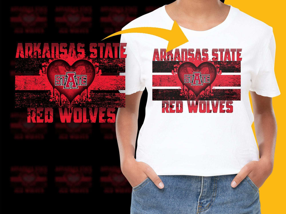 Arkansas State Red Wolves T-Shirt Distressed Text Heart Design Unisex Tee