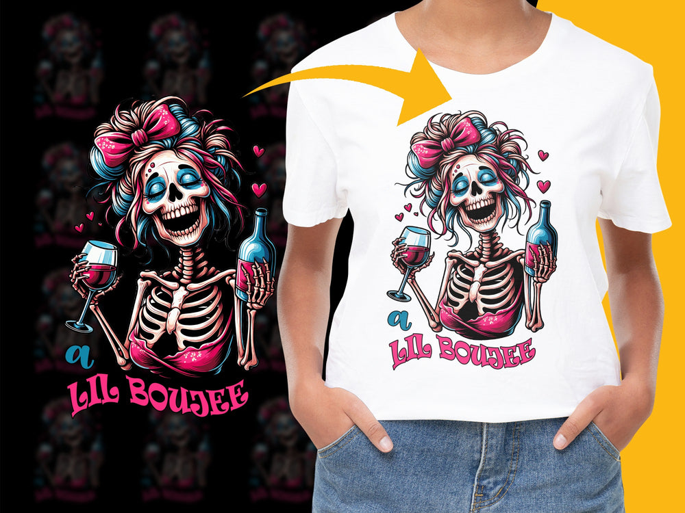 Women's Graphic Tee, Day of the Dead Sugar Skull T-Shirt, Funny Halloween Shirt, Skeleton with Wine Glass, Colorful Casual Apparel