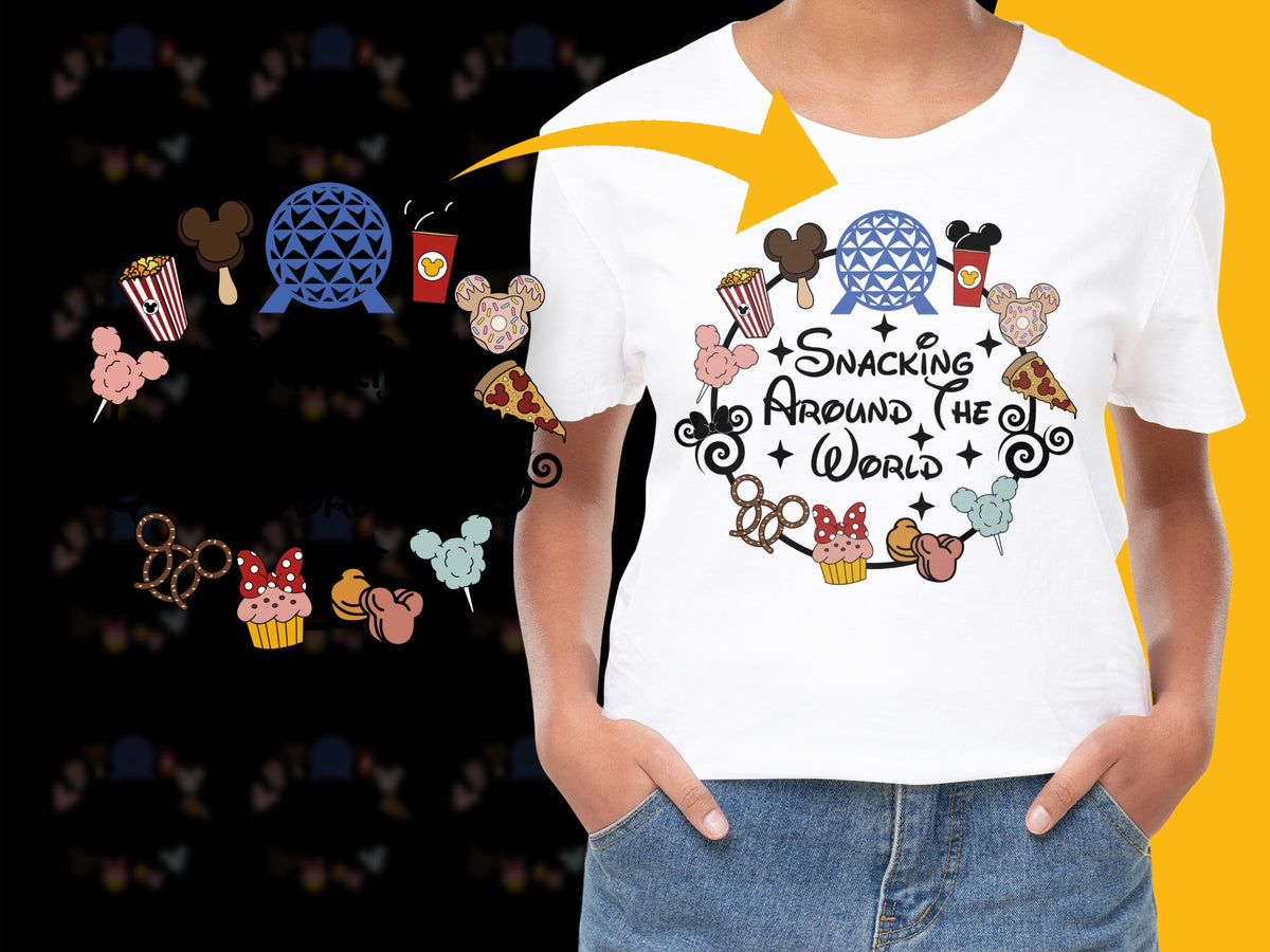 Snacking Around The World Theme T-Shirt, Cute Food Icons Graphic Tee, Unisex Adult Casual Wear