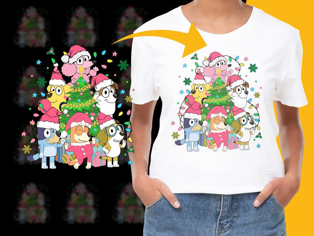 Festive Cartoon Family Christmas Tree Holiday T-Shirt, Colorful Kids and Adults Tee