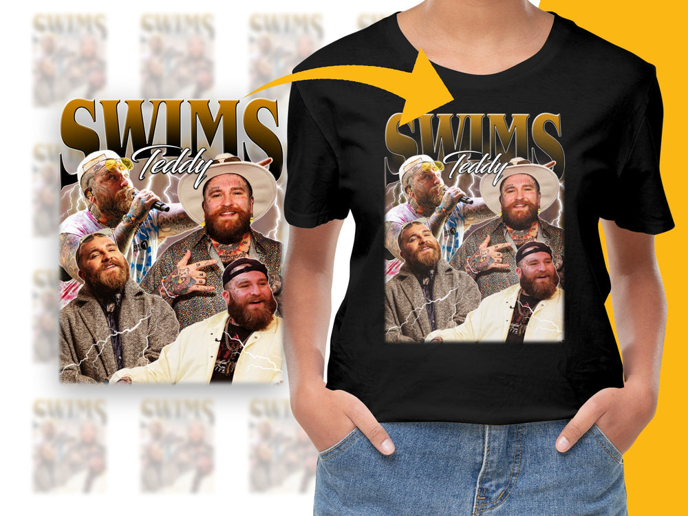 Swims Teddy Graphic T-Shirt, Colorful Pop Art Style, Casual Streetwear, Unique Photo Collage, Unisex Fashion Top