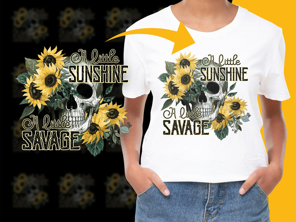 Sunflower Skull Graphic T-Shirt, 'A Little Sunshine A Little Savage' Tee, Floral Skull Summer Fashion Top, Casual Streetwear