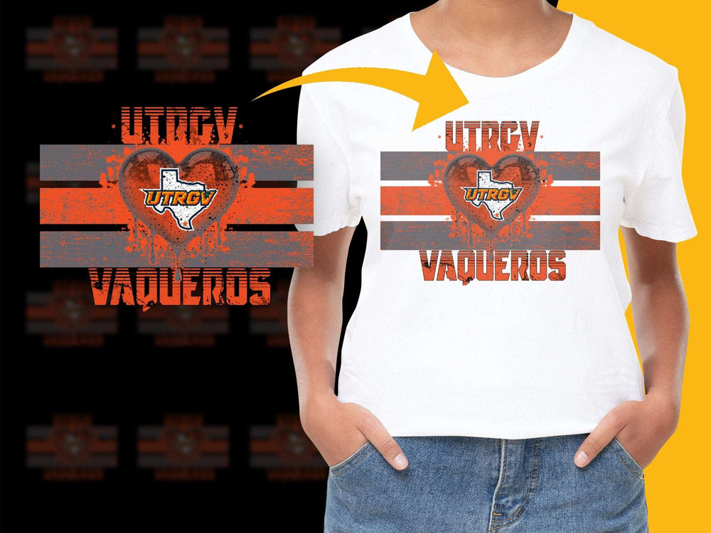 UTRGV Vaqueros Heart Graphic T-Shirt, Bold Orange and Black Design, College Sports Fan Apparel