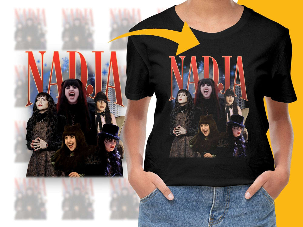 Nadia Graphic Tee, Vampire Comedy TV Show Fan T-Shirt, Women's Casual Black Top