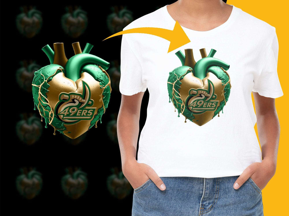 49ers Heart Graphic T-Shirt, Trendy Sports Fan Apparel, Gold and Green, Unisex Casual Wear