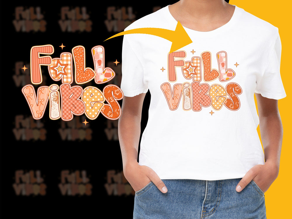 Fall Vibes T-Shirt, Autumn Graphic Tee, Women's Fashion, Casual Style, Orange Text, Star Accents