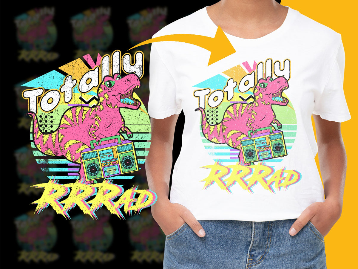Retro Dinosaur T-Shirt, Kids Colorful Totally Rrrad Tee, 90s Graphic Style, Fun Bright Summer Shirt for Children