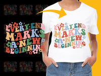 Load image into Gallery viewer, Inspirational Quote T-Shirt, &#39;Every End Marks a New Beginning&#39;, Floral Design, Colorful Text, Unisex Graphic Tee
