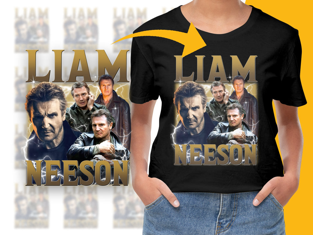 Liam Neeson Graphic T-Shirt, Movie Star Collage Tee, Action Film Actor Fan Merch, Unisex Black T-Shirt