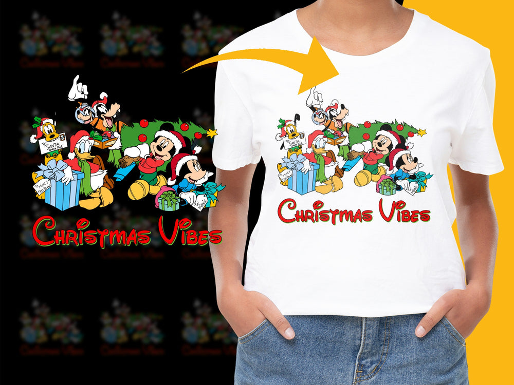 Festive Christmas Vibes T-Shirt, Holiday Mickey and Friends Graphic Tee, Unisex Kids and Adults Casual Wear