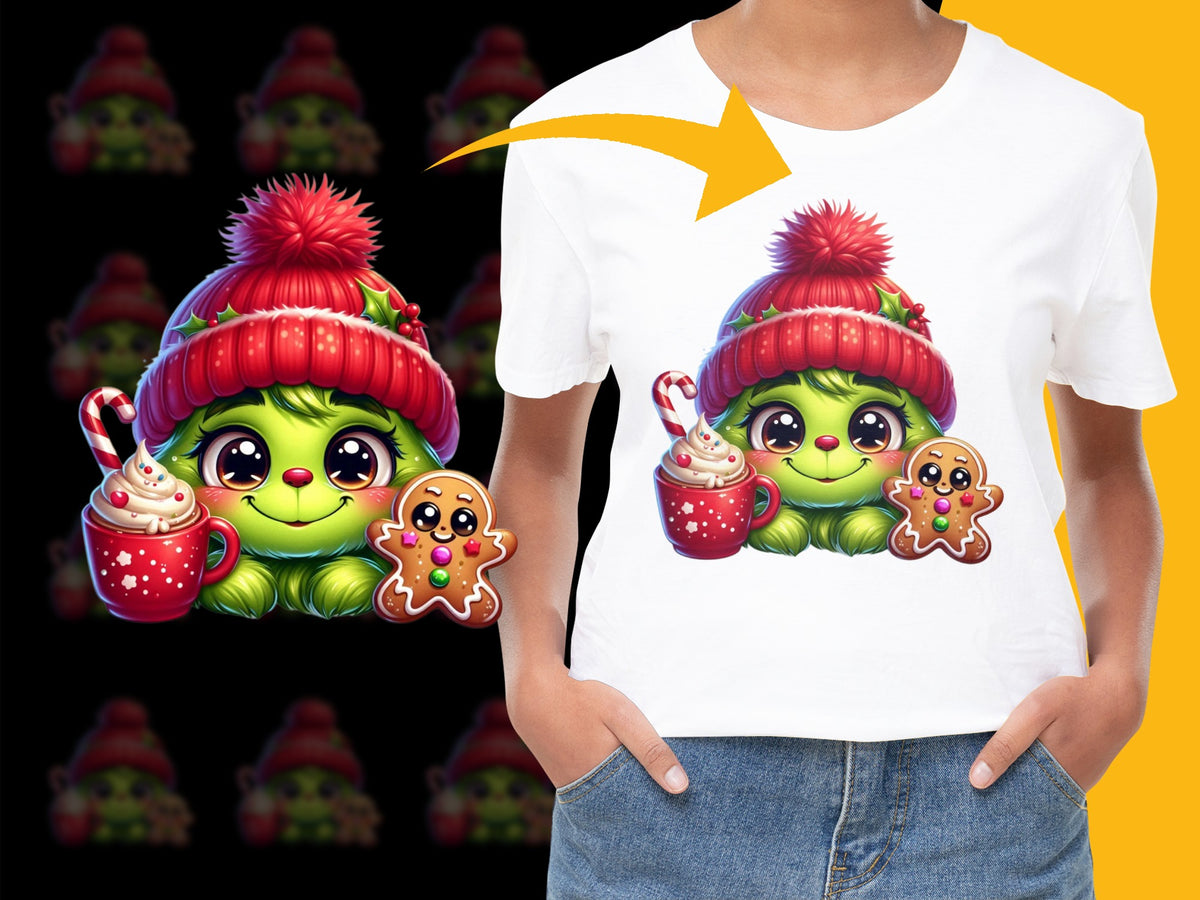 Cute Alien Graphic T-Shirt, Kids Holiday Tee with Winter Hat Design, Festive Gingerbread Cookie Shirt