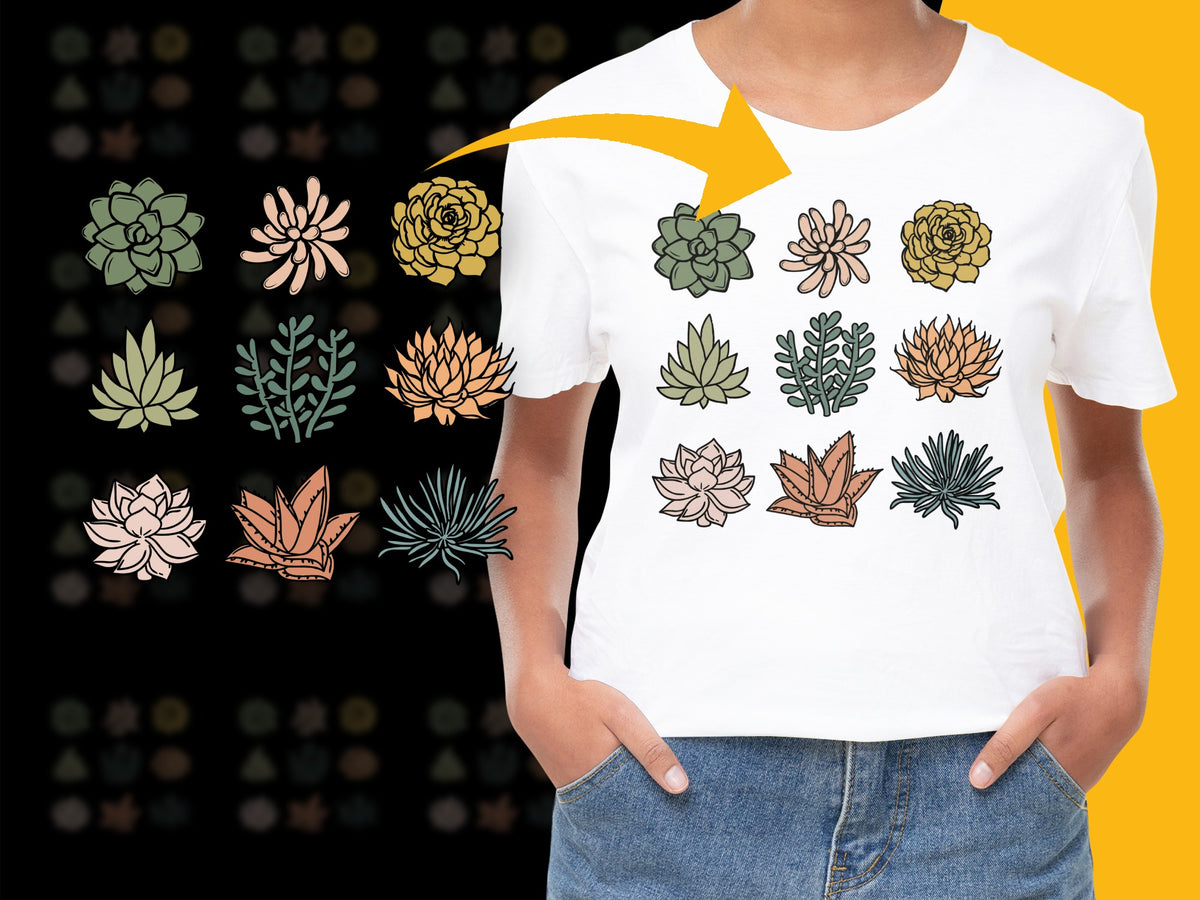 Women's Graphic T-Shirt with Colorful Succulent Prints, Casual Summer Top, Floral Tee Design, Unique Plant Shirt