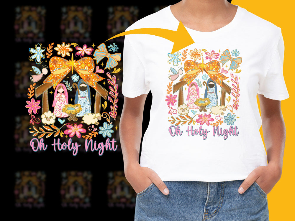 Christmas T-Shirt Oh Holy Night Floral Wreath Design Holiday Apparel Casual Wear