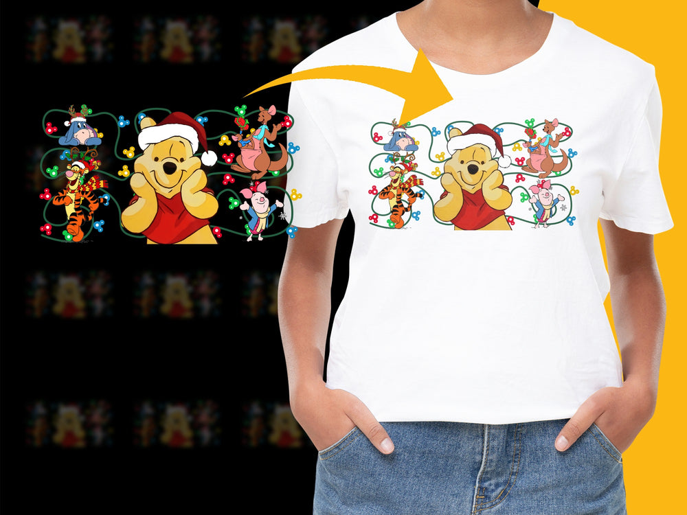 Colorful Cartoon Character Holiday T-Shirt, Festive Graphic Tee, Christmas Pattern Kids and Adult Sizes
