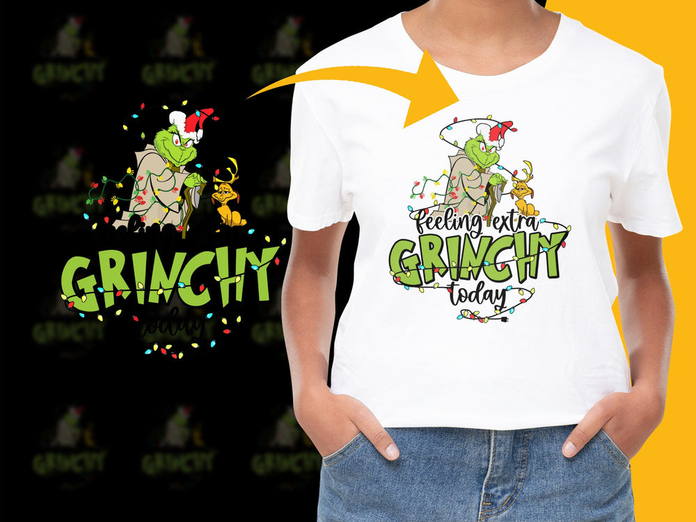 Women's Grinch T-Shirt, 'Feeling Extra Grinchy Today' Christmas Tee, Festive Holiday Shirt, Whimsical Graphic Top, Cartoon Character Design