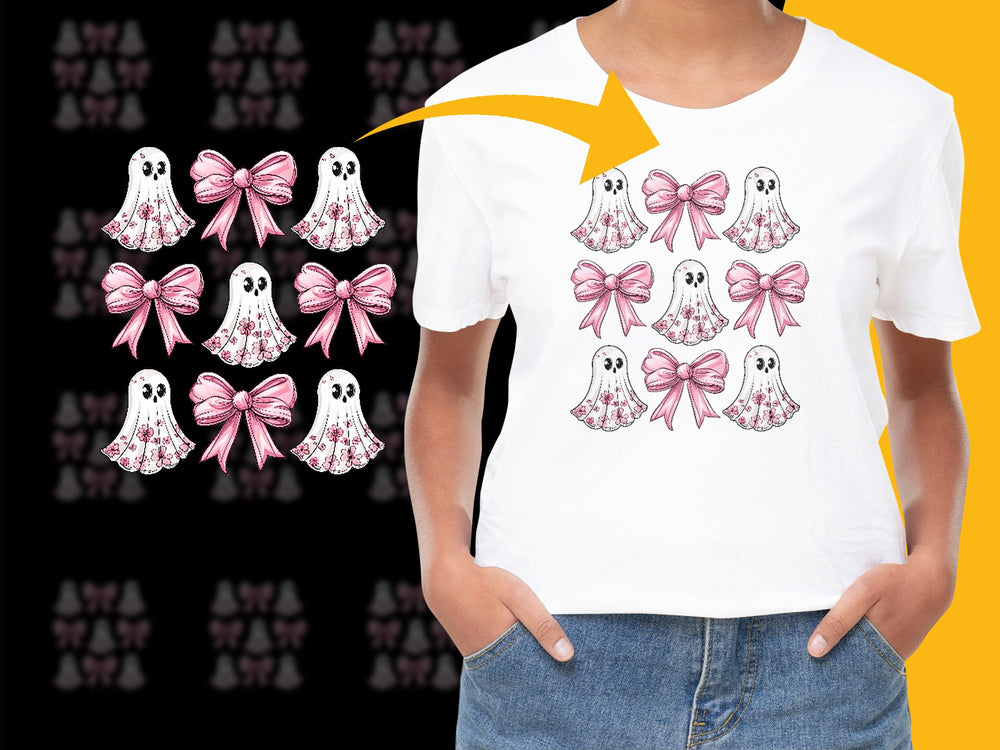 Cute Ghost and Pink Bow Graphic T-Shirt, Whimsical Halloween Spooky Tee, Kids and Adults Sizes Available