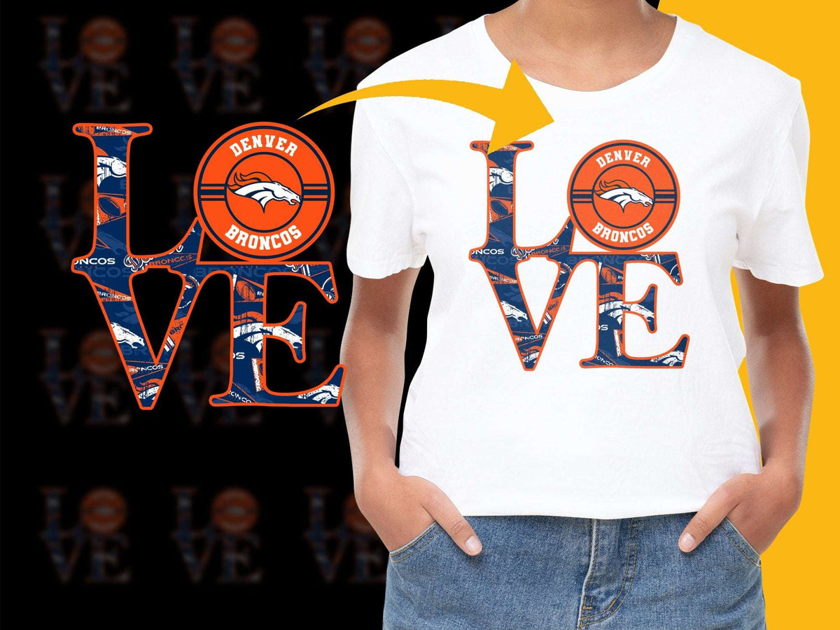 Denver Broncos Love T-Shirt, Graphic Tee, NFL Football Fan Apparel, Sports Gift Idea, Orange and Blue, Women's Fashion Top