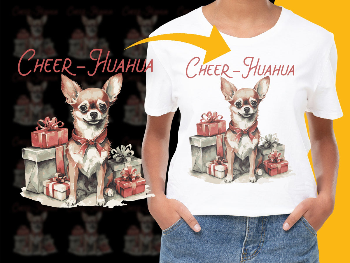 Cheer-Huahua Christmas T-Shirt, Cute Chihuahua Dog with Gifts, Holiday Graphic Tee, Festive Animal Lover Shirt