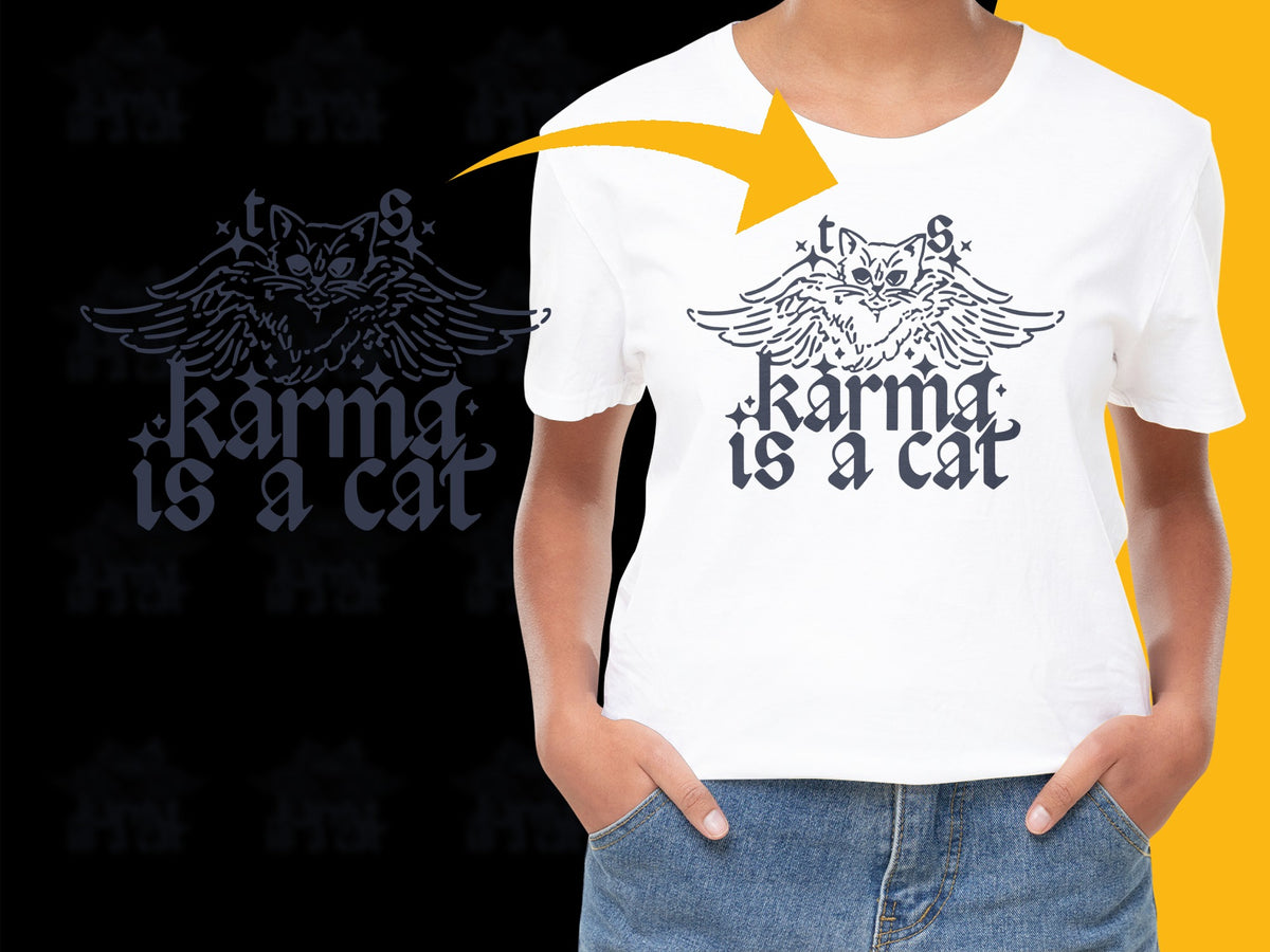 Women's White T-Shirt 'Karma is a Cat' Graphic Tee, Cat Lover Gift, Casual Streetwear, Unique Illustration, Trendy Apparel