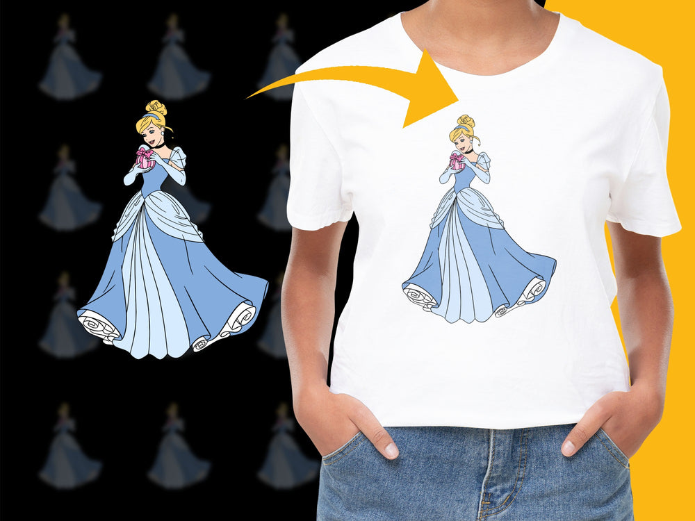 Girl's Princess Character T-Shirt, Cute Fairy Tale Graphic Tee, Blue Dress Design, Youth Fashion Top