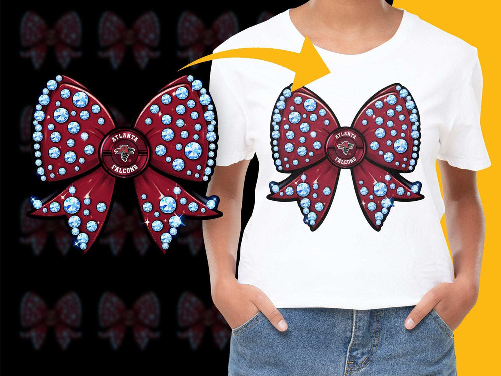 Red Bow Rhinestone Design T-Shirt, Atlanta Falcons Inspired Sparkling Graphic Tee, Women's Fashion Casual Wear