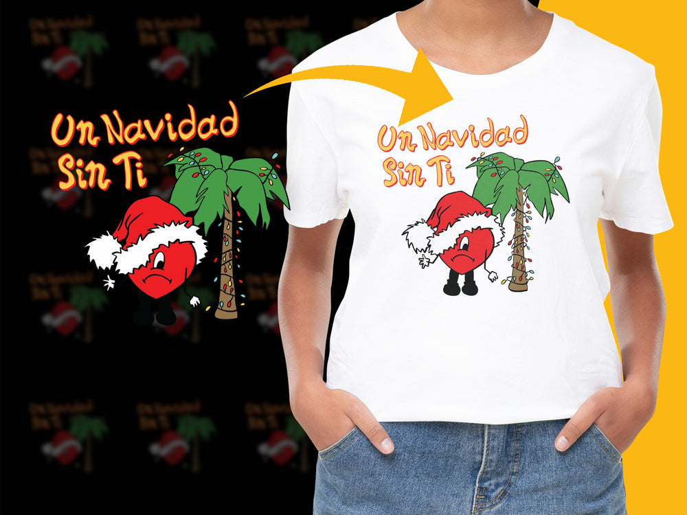 Women's Christmas T-Shirt 'Un Navidad Sin Ti' Festive Palm Trees Holiday Tee, Casual Cotton Top with Graphic Print