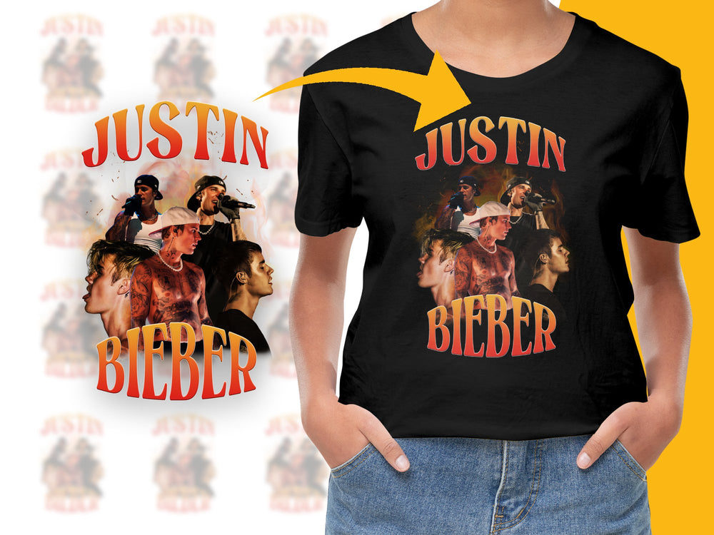 Justin Bieber Fan T-Shirt, Pop Music Star Collage, Unisex Black Tee, Concert Merchandise