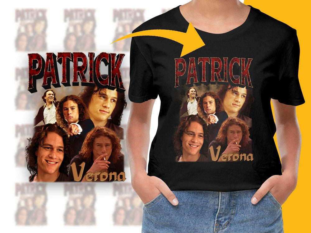 Patrick Verona Graphic T-Shirt, Vintage Movie Fan Tee, Unisex Black Shirt, Retro Style Clothing Gift