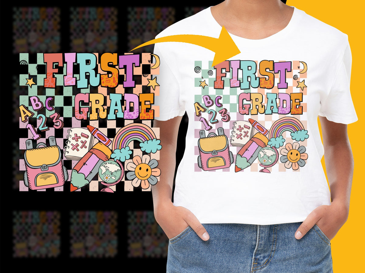 Colorful First Grade T-Shirt, Kids School Tee, Fun Alphabet Graphic, Rainbow and Backpack Design, Unisex Child Top