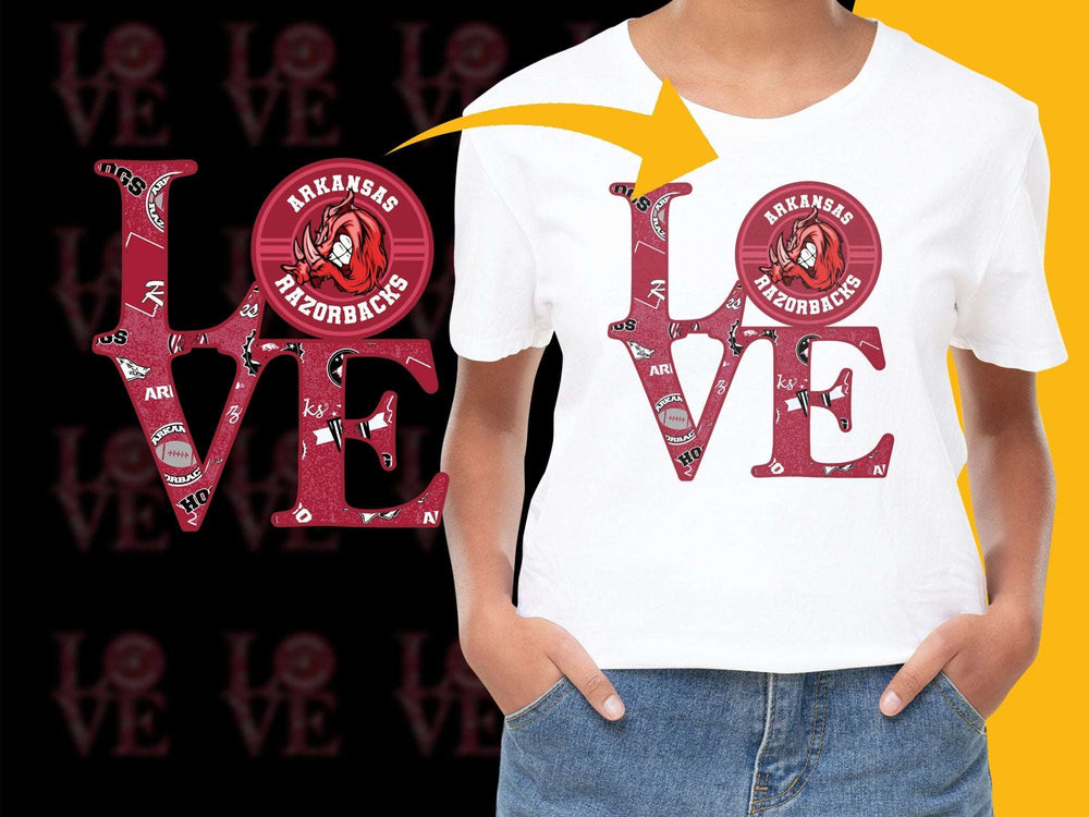 Arkansas Razorbacks Love T-Shirt, College Team Logo Graphic Tee, Women's White Cotton Shirt