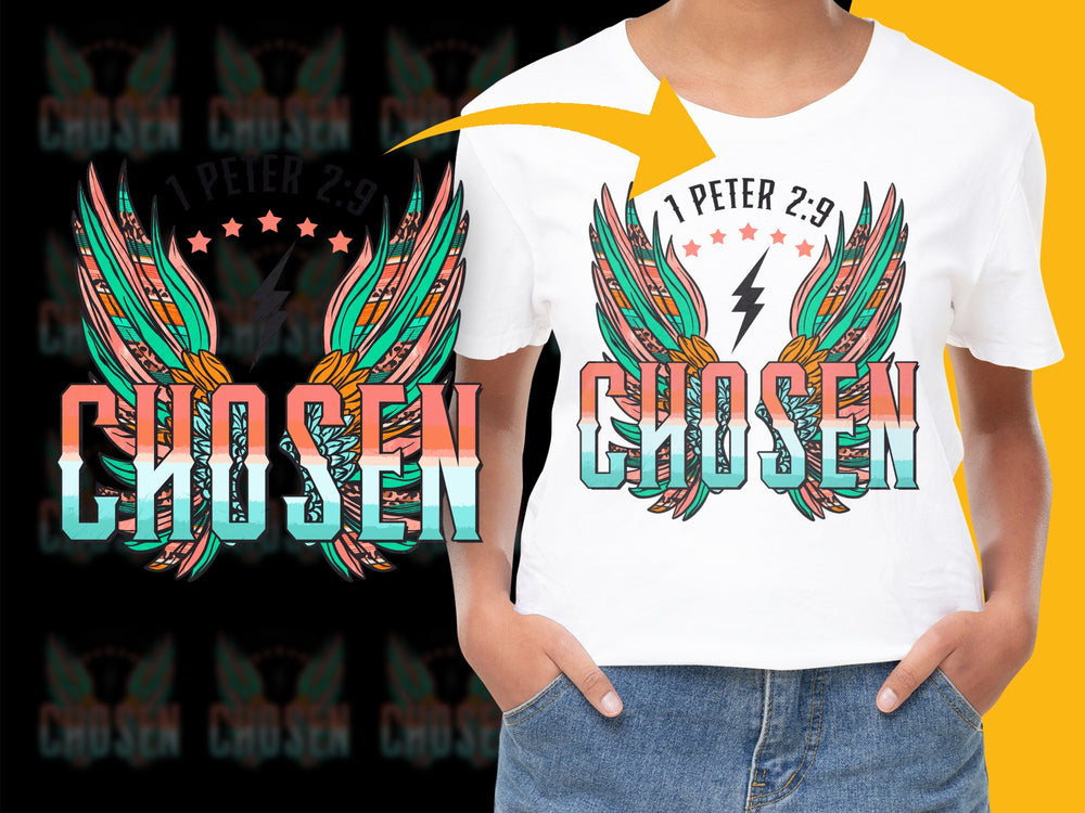 Youth Chosen Graphic T-Shirt, Christian Inspired Tee, Colorful Wing Design, Casual Wear for Kids