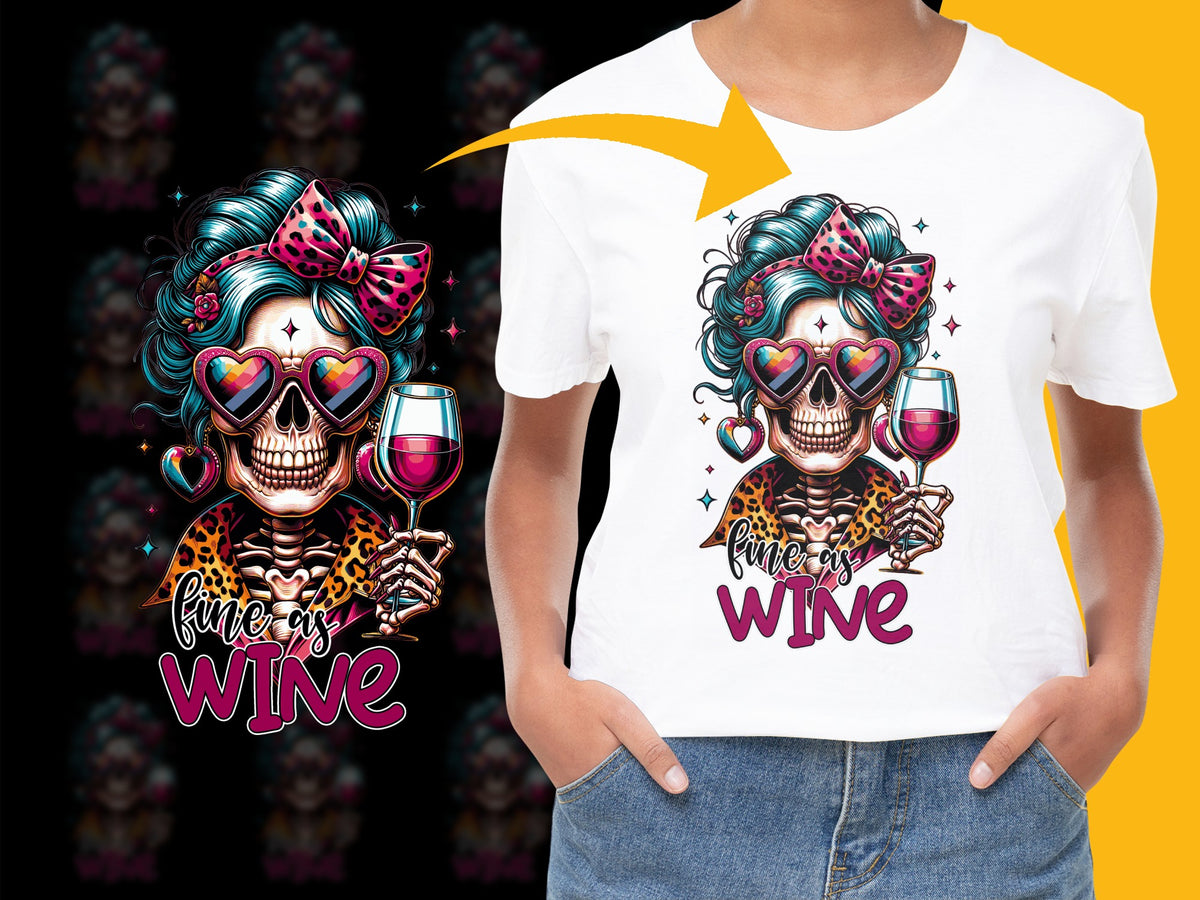 Women's Wine Lover T-Shirt, Colorful Skull Graphic, Fun as Wine, Trendy Casual Style Tee, Heart Sunglasses Design