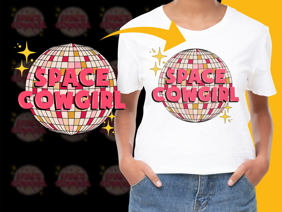 Space Cowgirl Graphic T-Shirt, Retro Disco Ball Design, Trendy Women's Fashion Top, Casual Streetwear, Unique Gift Idea