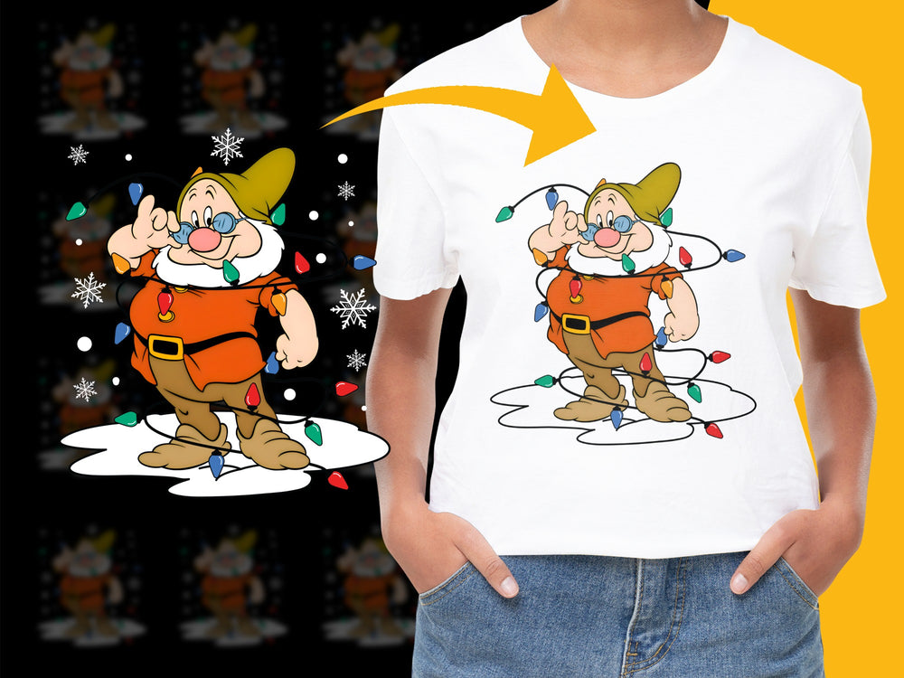 Christmas Dwarf T-Shirt, Cartoon Dwarf with Lights, Holiday Graphic Tee, Festive Winter Apparel for Kids and Adults