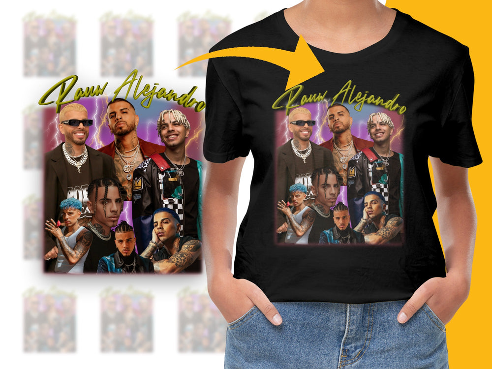 Black Graphic T-Shirt with Collage of Latin Music Artists, Stylish Men's Fashion Tee, Urban Streetwear Top