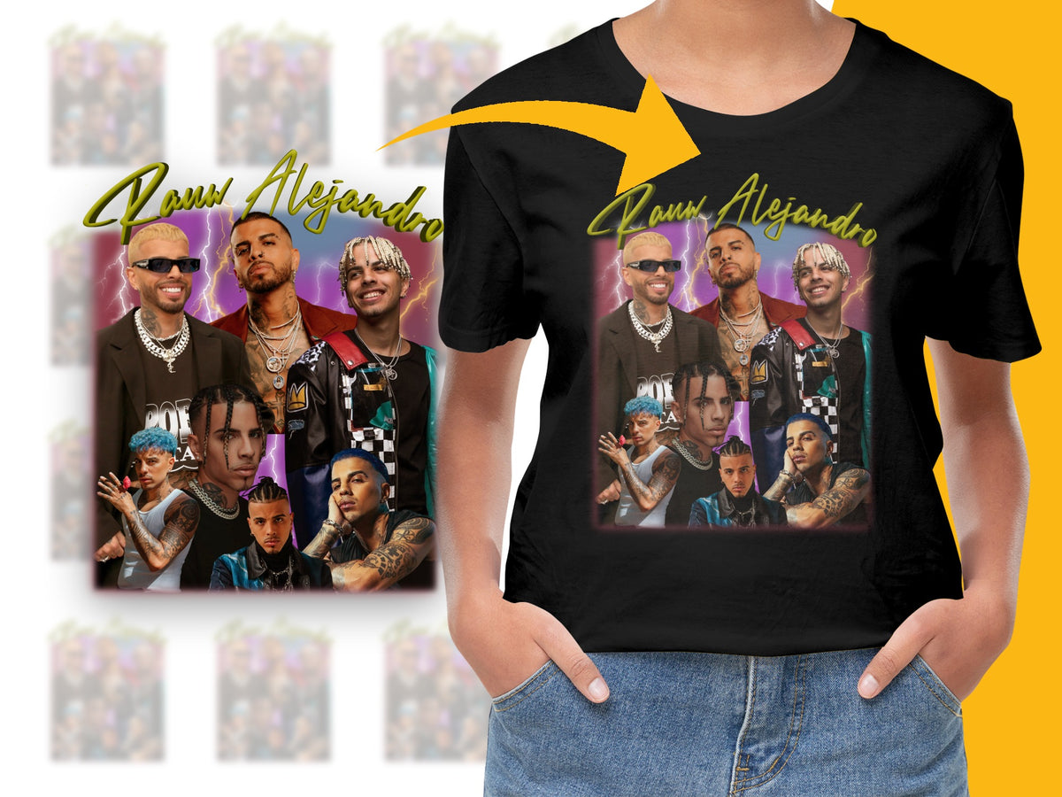 Black Graphic T-Shirt with Collage of Latin Music Artists, Stylish Men's Fashion Tee, Urban Streetwear Top
