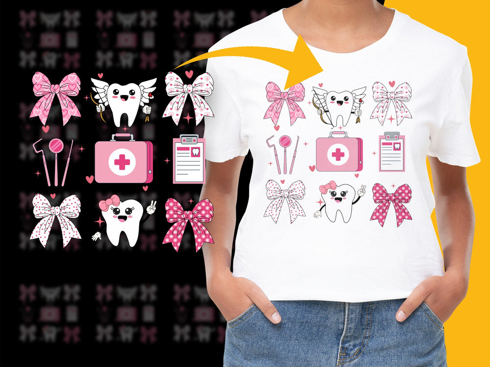 Cute Tooth Fairy Kids T-Shirt, Dental Health Graphic Tee, Pink Bows, Cartoon Teeth Design, Children's Dentist Gift-Shirt