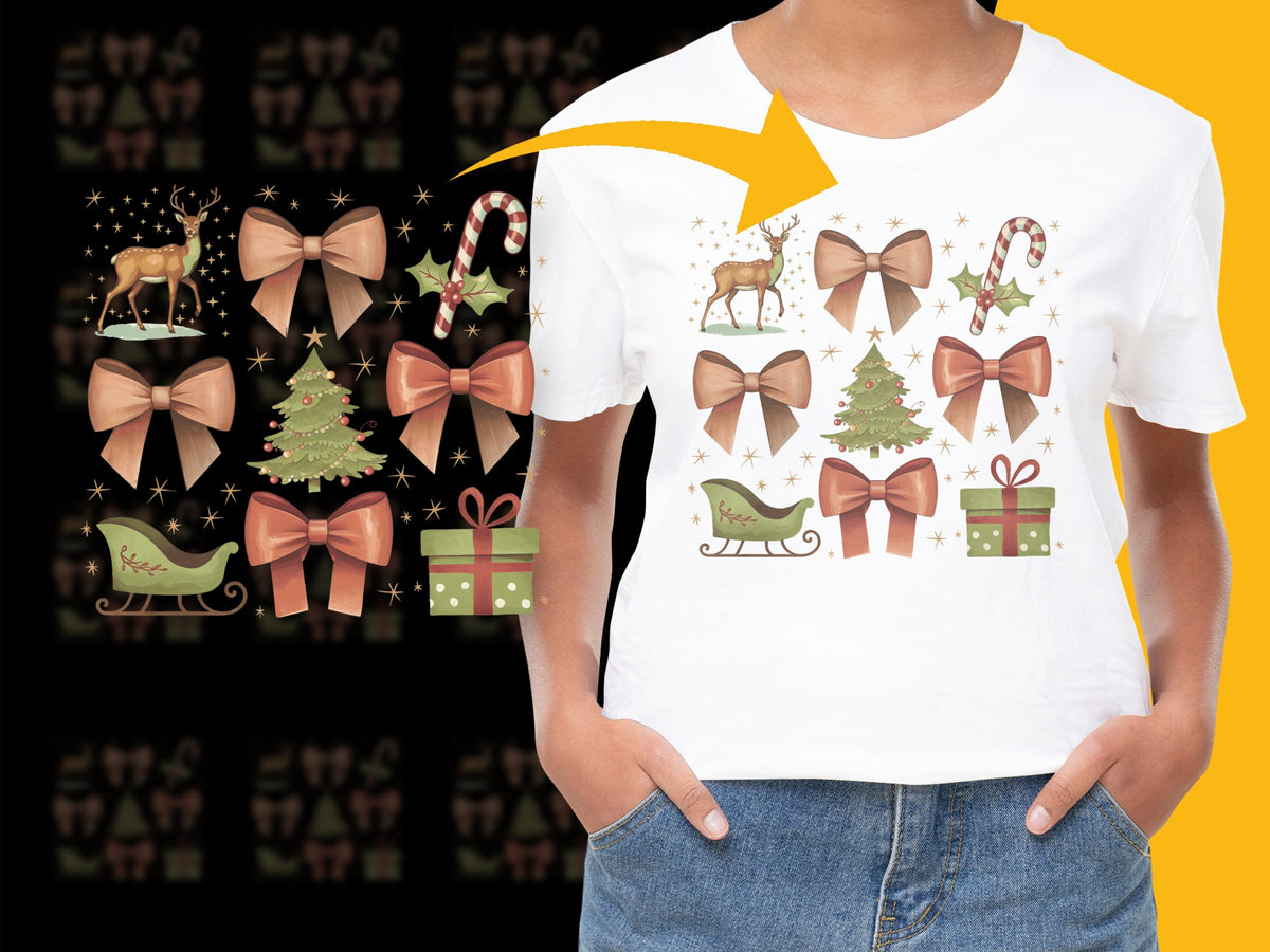 Christmas Themed T-Shirt for Kids - Holiday Graphics with Trees, Reindeer, Gifts, Bows