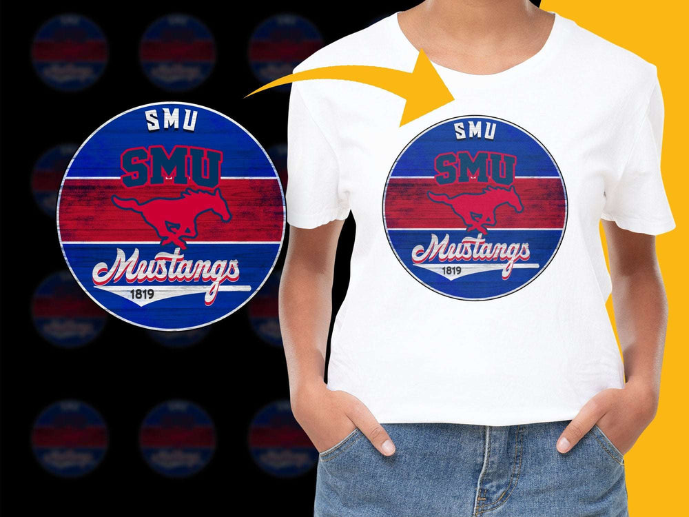 SMU Mustangs Logo T-Shirt, Red and Blue College Team, Unisex Cotton Tee, Vintage Inspired 1819 Graphic Design