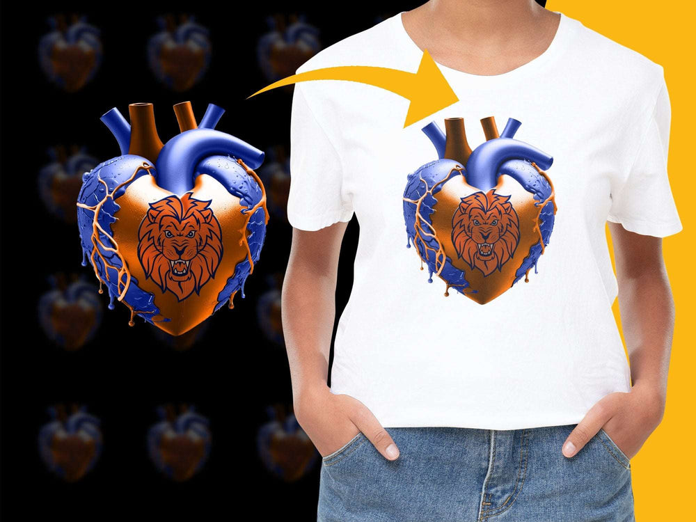 Lion Heart Graphic T-Shirt, Trendy Animal Print, Unisex Fashion Tee, Orange and Blue