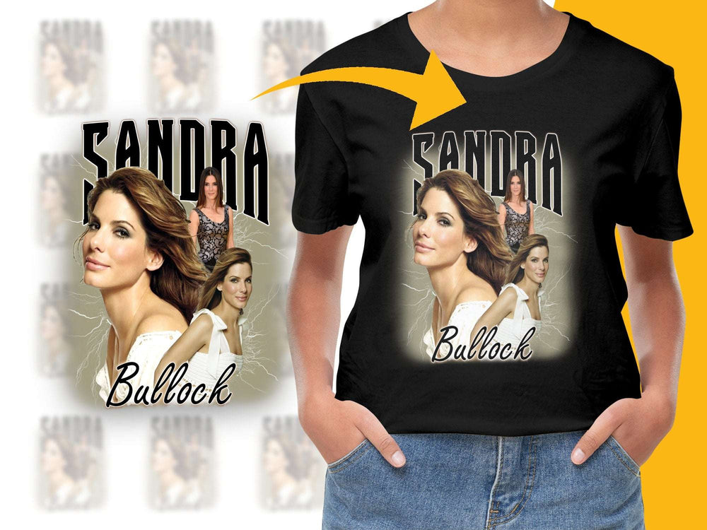 Sandra Bullock Graphic T-Shirt, Celebrity Photo Collage Tee, Women's Fashion Top, Casual Black Shirt