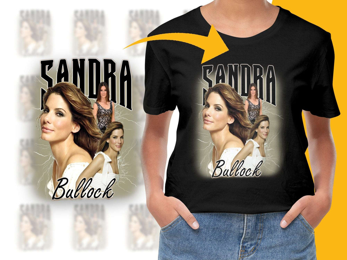 Sandra Bullock Graphic T-Shirt, Celebrity Photo Collage Tee, Women's Fashion Top, Casual Black Shirt