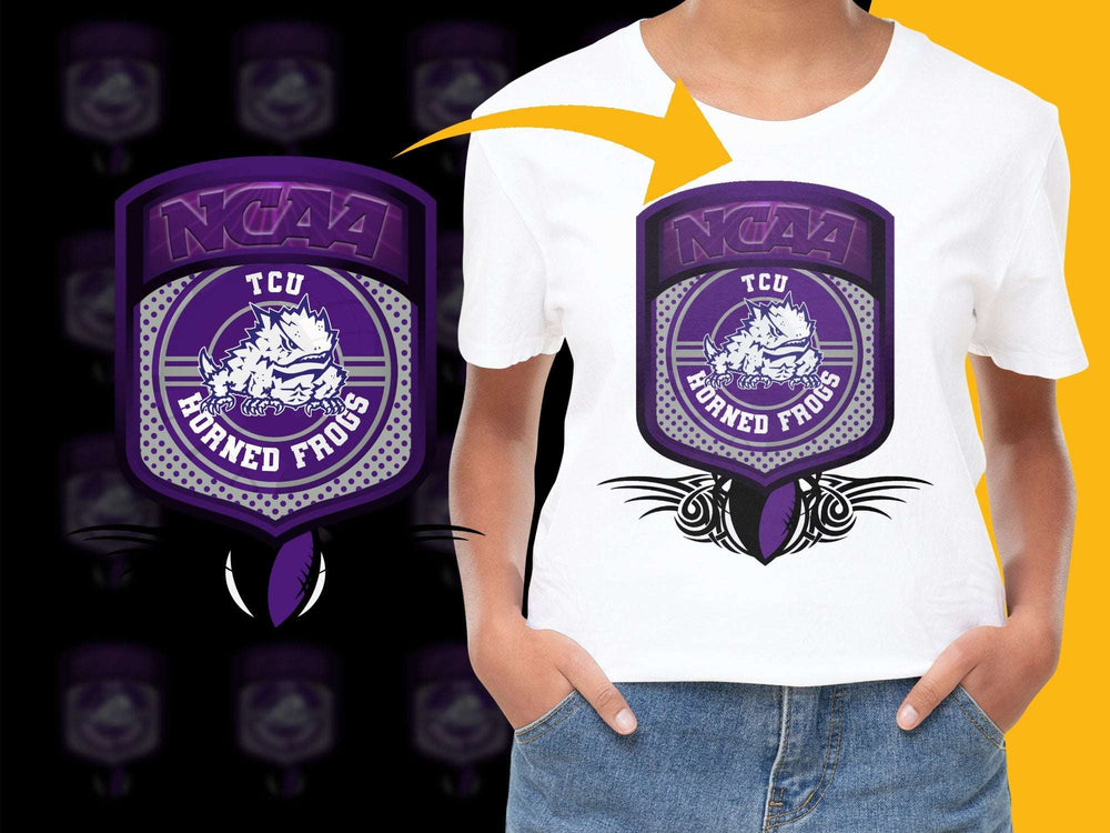 TCU Horned Frogs Logo T-Shirt, NCAA College Sports Team Graphic Tee, Purple and White