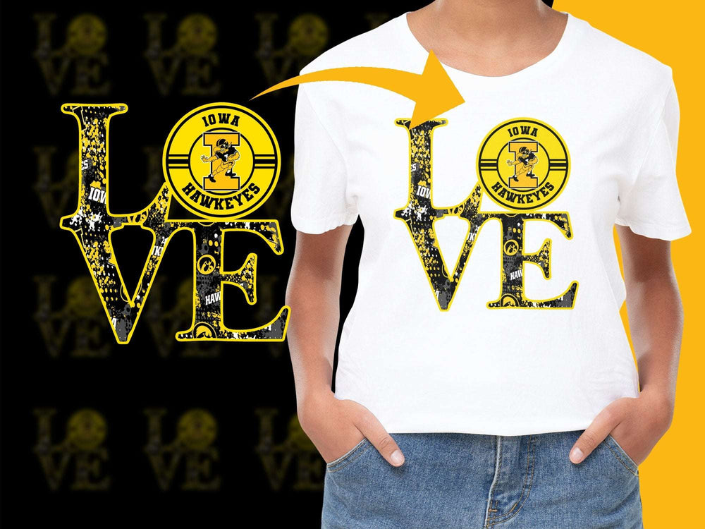 Iowa Hawkeyes Love T-Shirt, Yellow Black Graphic Tee, College Sports Apparel, Fan Gift Idea