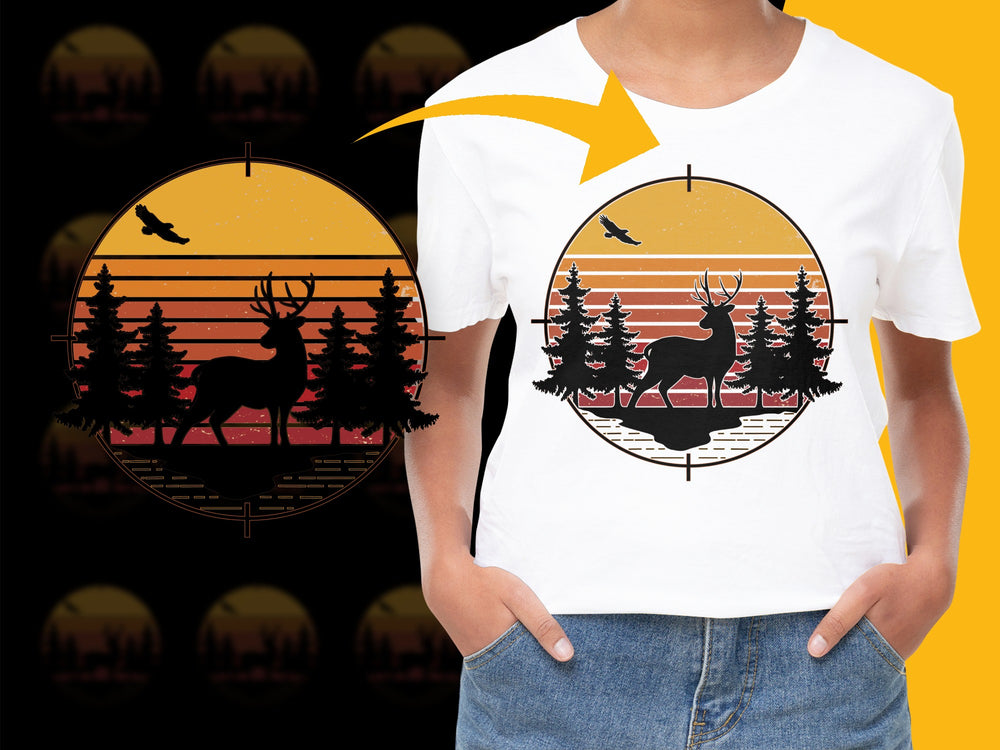 Sunset Deer Graphic T-Shirt, Nature Inspired Wildlife Tee, Unisex Forest Silhouette Shirt, Retro Style Top