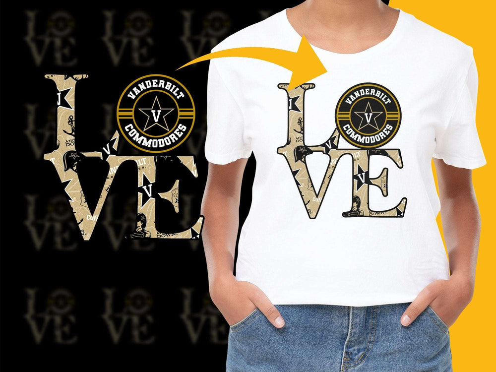 Vanderbilt Commodores Love Graphic T-Shirt, Unisex College Logo Tee, Casual Sports Apparel, Black and Gold