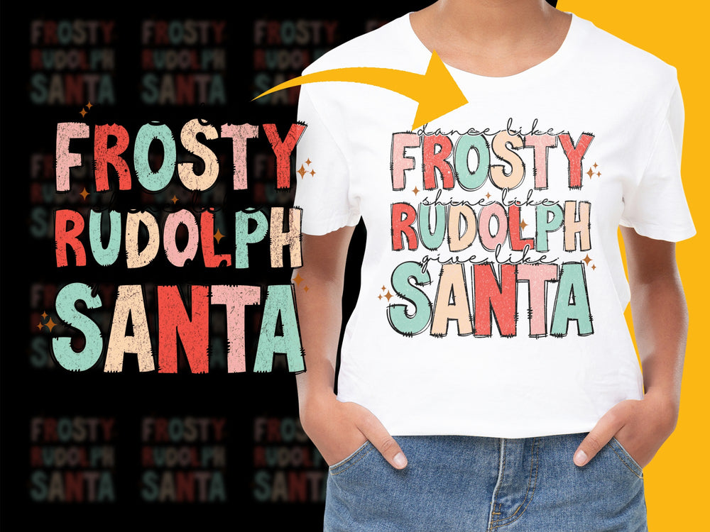Festive Holiday T-Shirt Frosty Rudolph Santa Graphic Tee, Colorful Christmas Casual Wear for All Ages