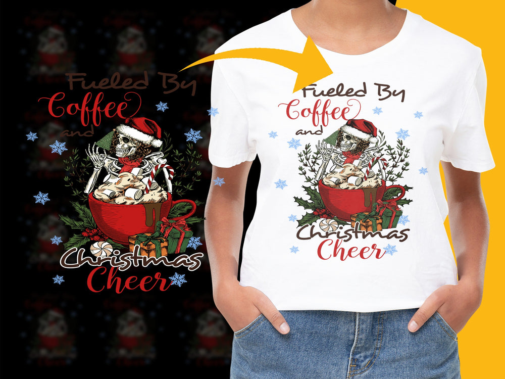 Fueled by Coffee and Christmas Cheer T-Shirt, Holiday Graphic Tee, Festive Skeleton Design, Unisex Cotton Shirt