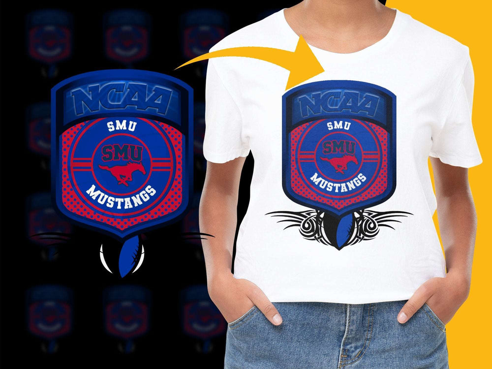 SMU Mustangs NCAA Logo Graphic T-Shirt, College Sports Fan Apparel, Vibrant Blue and Red Design