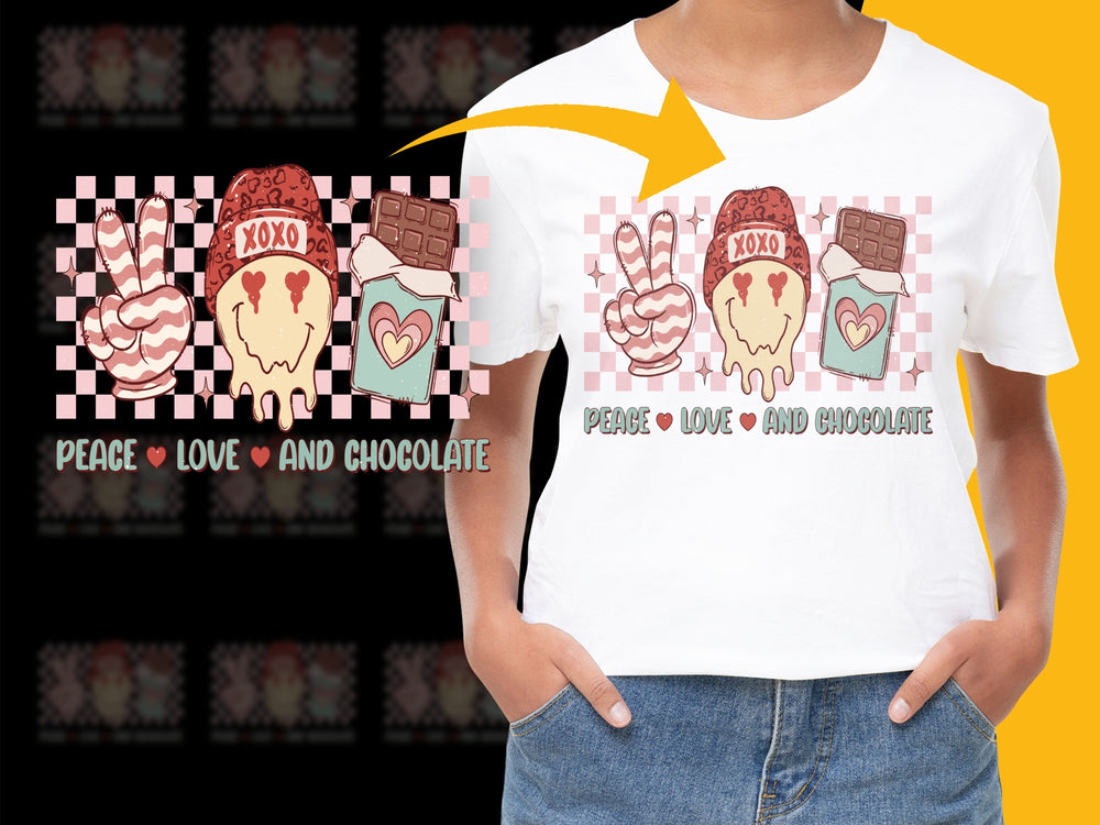 Peace Love and Chocolate T-Shirt, Valentine's Day Graphic Tee, Women's Cute Casual Top, Gift for Her